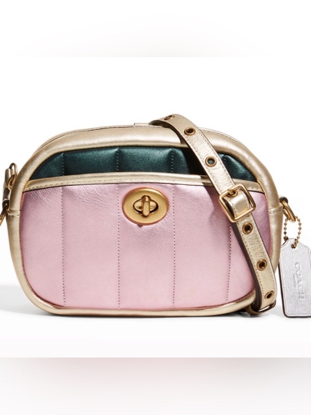 Coach Pink Leather Crossbody with Gold Trim and Green Interior